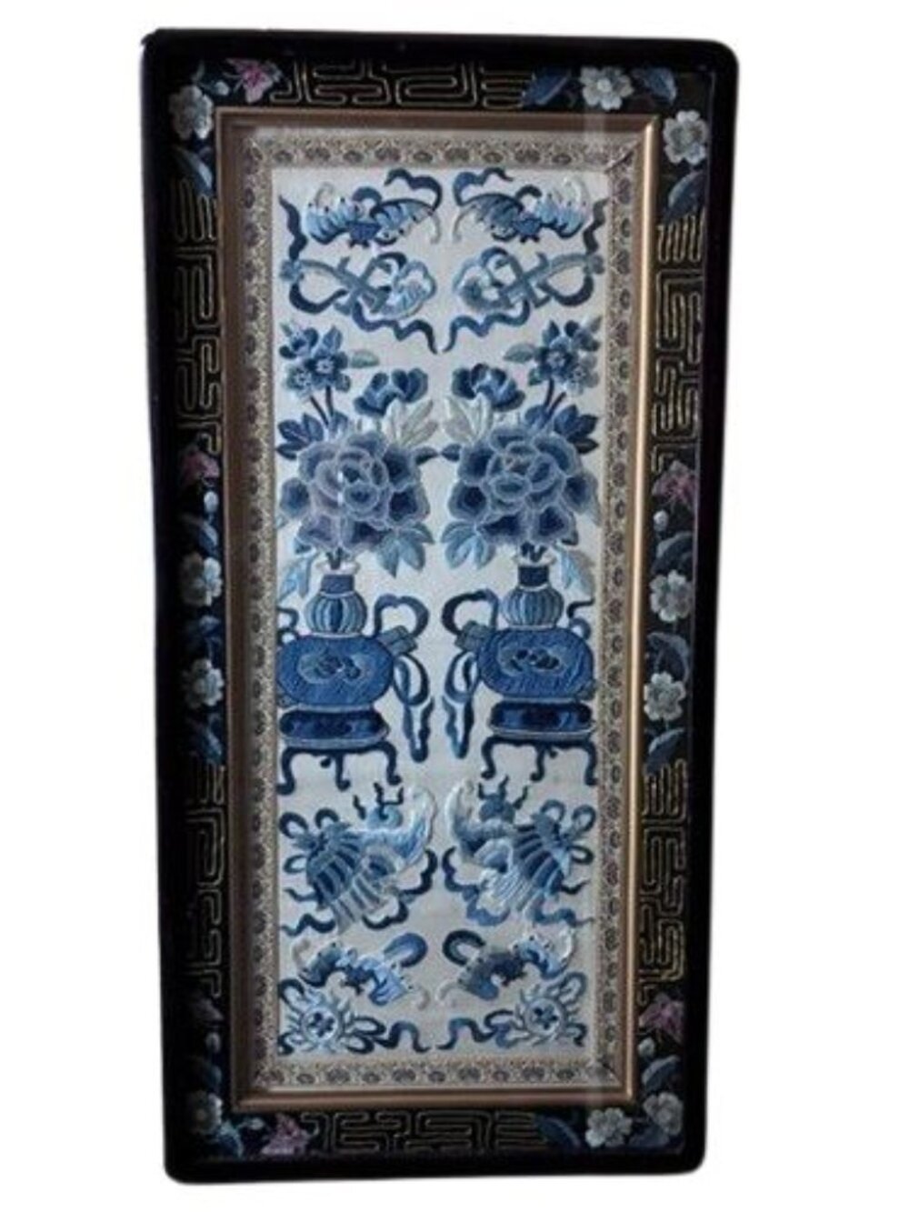1800s framed Chinese Silk embroidered sleeve with Forbidden Stitch